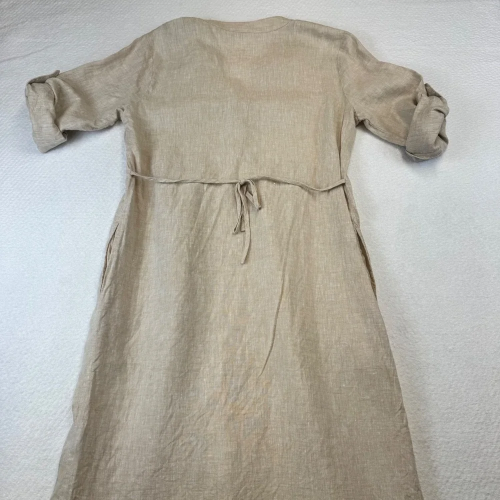 J McLaughlin Large Ceylon Linen Dress V-Neck 3/4 Sleeve Beige Midi Shirt Dress - Picture 9 of 9